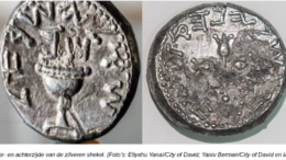 zilverenshekel De munt bleek een zilveren shekel te zijn van 14 gram, daterend uit de tijd van de Tweede Tempel, jaar geleden. Hij werd waarsschijnlijk geslagen door een priester die deelnam aan de Joodse Opstand tegen de Romeinen, kort voordat in het jaar 70 Jeruzalem viel en de Tempel werd verwoest.