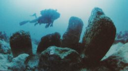 Atlit Yam Ritual structure made of stones In 1984 vond de zee-archeoloog Ehud Galili, op zoek naar oude scheepswrakken, voor de kust ten zuiden van de Karmel restanten van gebouwen en stookplaatsen. Omdat het in de baai van Atlit lag, kreeg het de naam Atlit-Yam, Atlit (in) Zee.