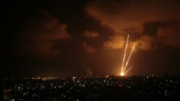 a lightning bolt striking a city